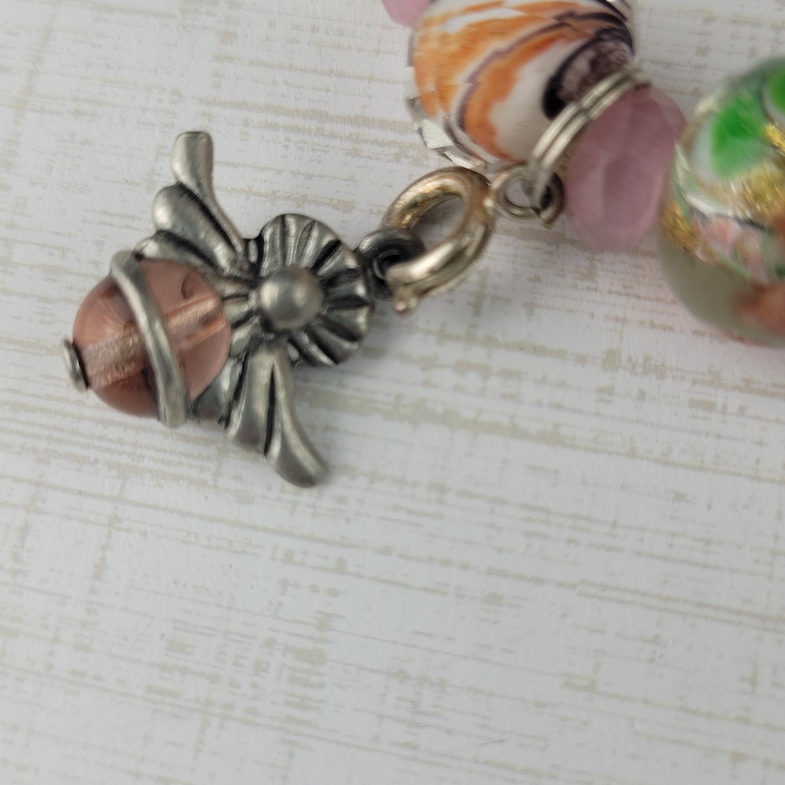 Art Glass Bead Angel Charm Bracelet Pink Black Multicolor Floral Stretch 7.5″