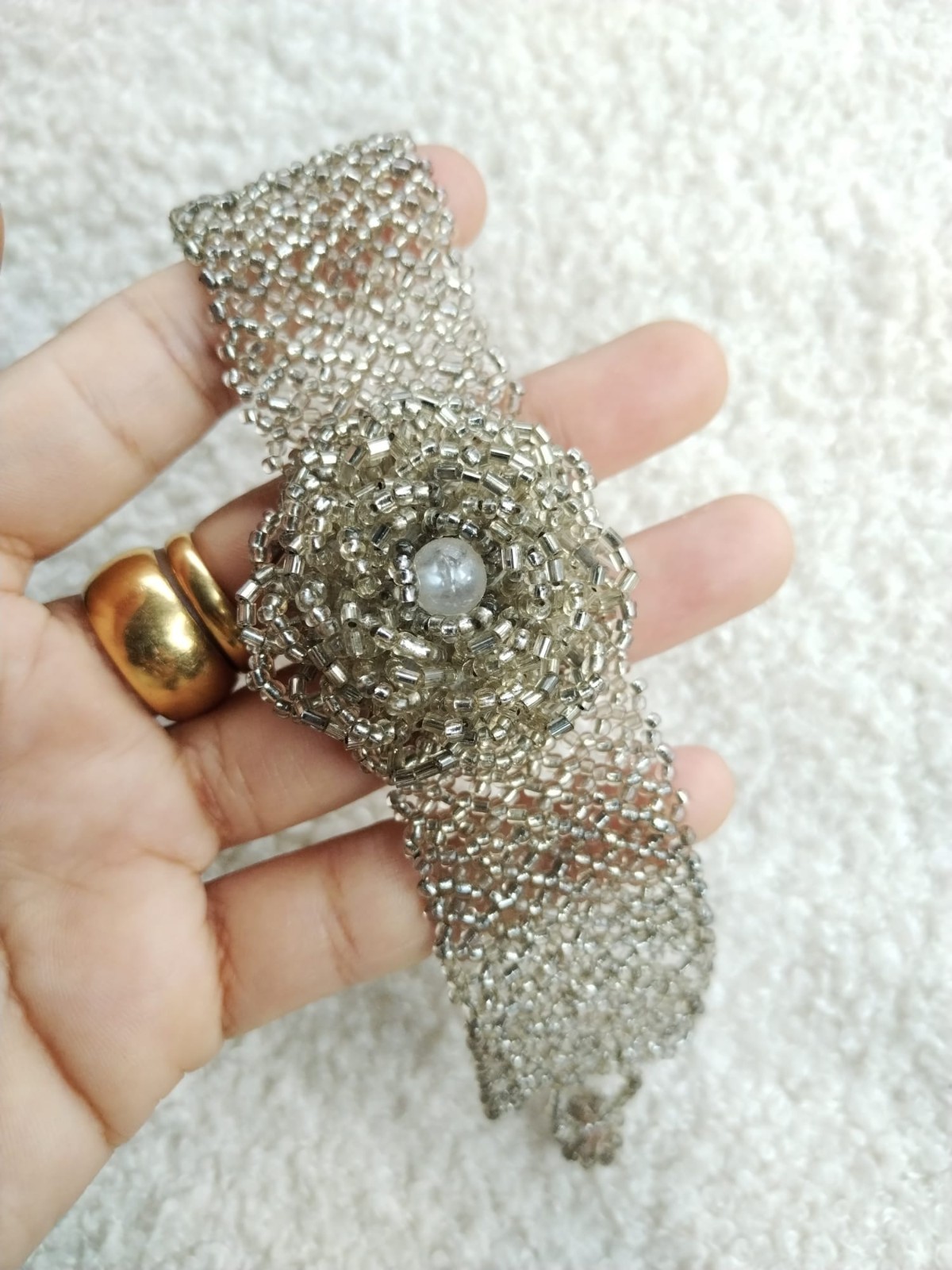 Clear 3D Flower Beadweaving Cuff Statement Bracelet, Glass Seedbead