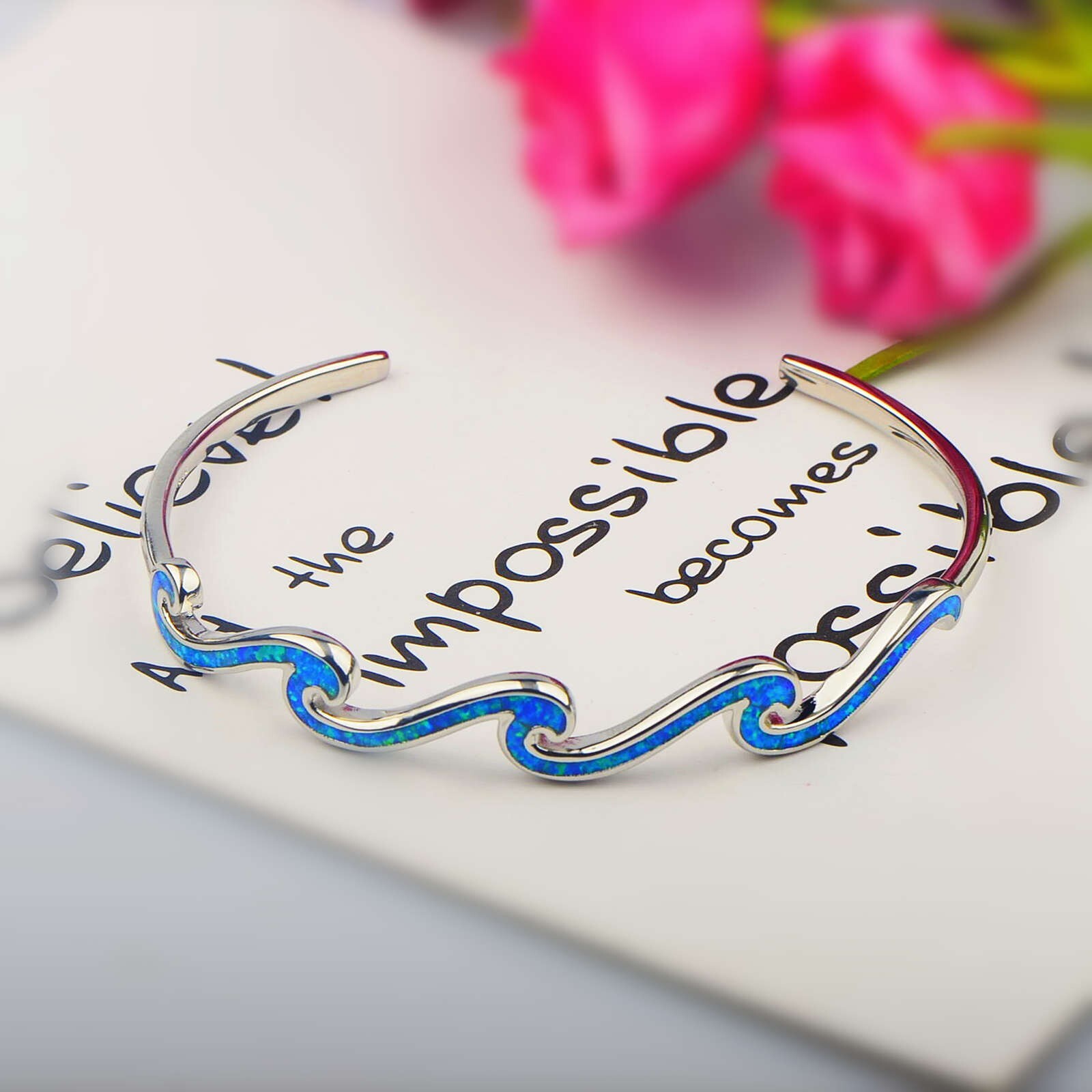 Blue Opal MultilayWaves Cuff Bangles 925 Sterling Sliver Jewelry For Women Girls