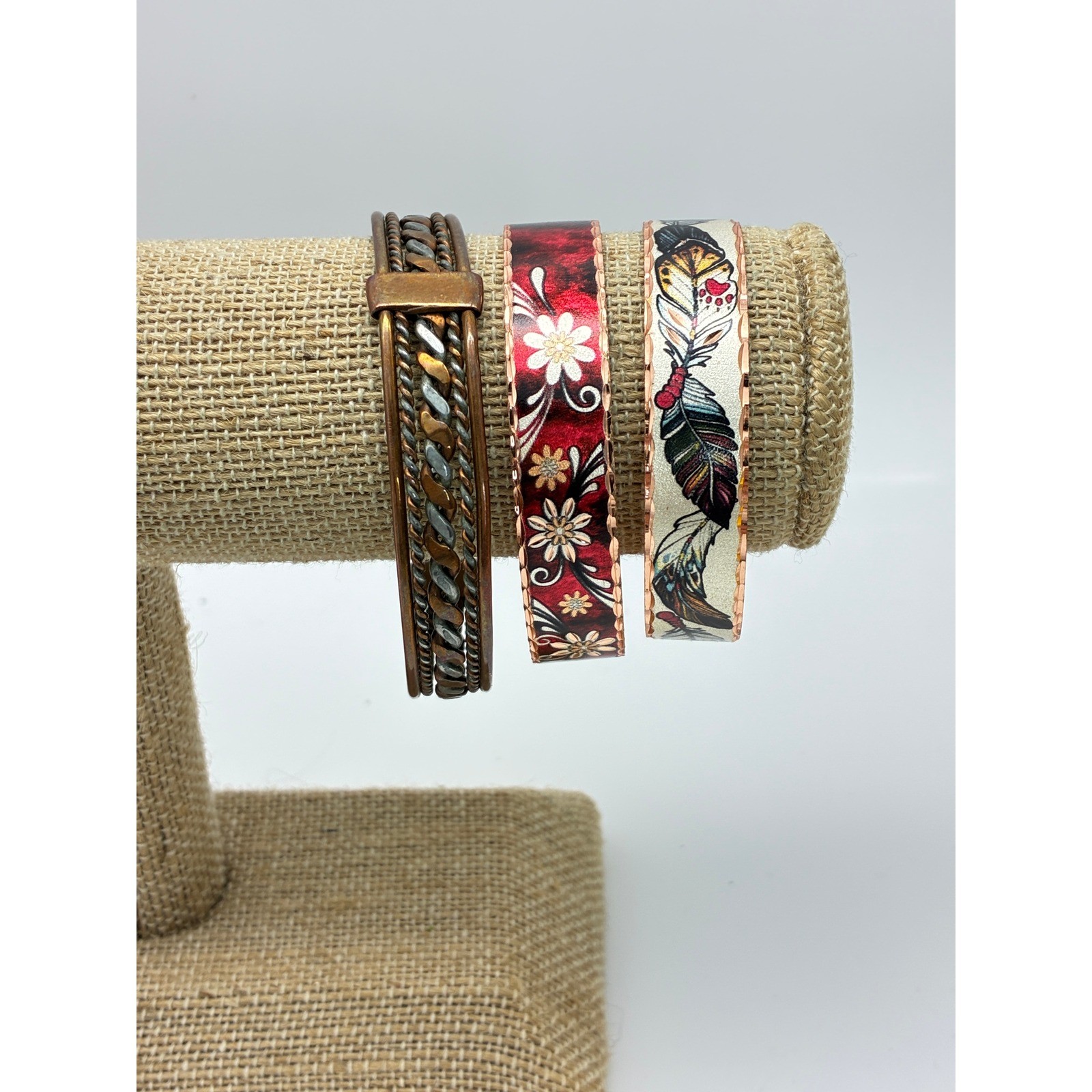 Copper Cuff Bracelets Lot of 3 Floral Feather Braided Western Boho Stackable