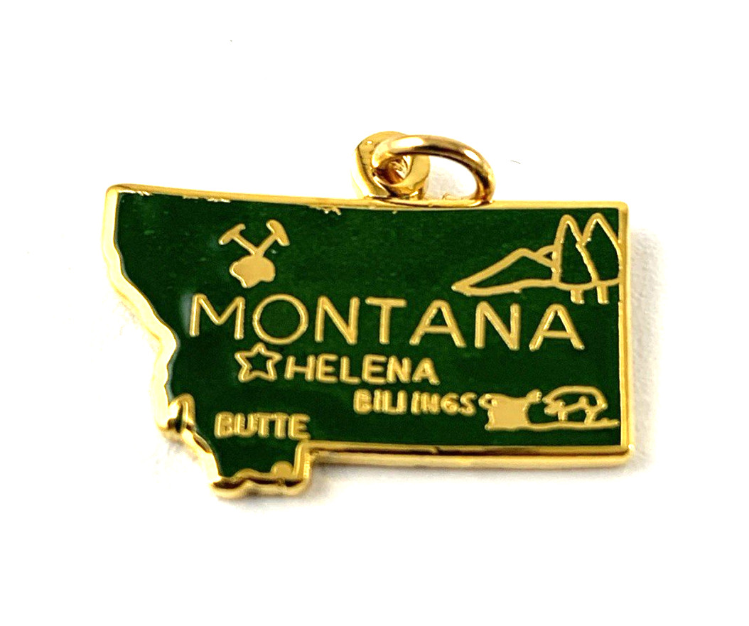 Montana State Charm Enamel | Gold Toned | Green | 1/2″ | New Old Stock