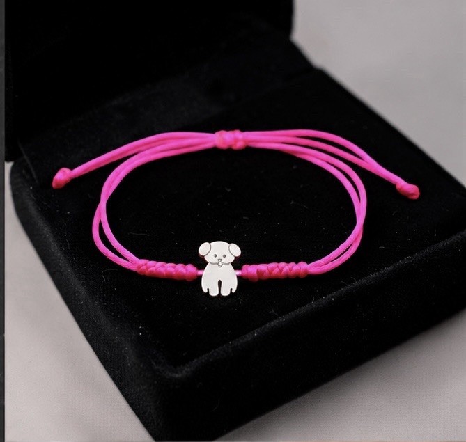 Adjustable Pink Cord Bracelet w/ Dog Dangle Charm Slide Closure