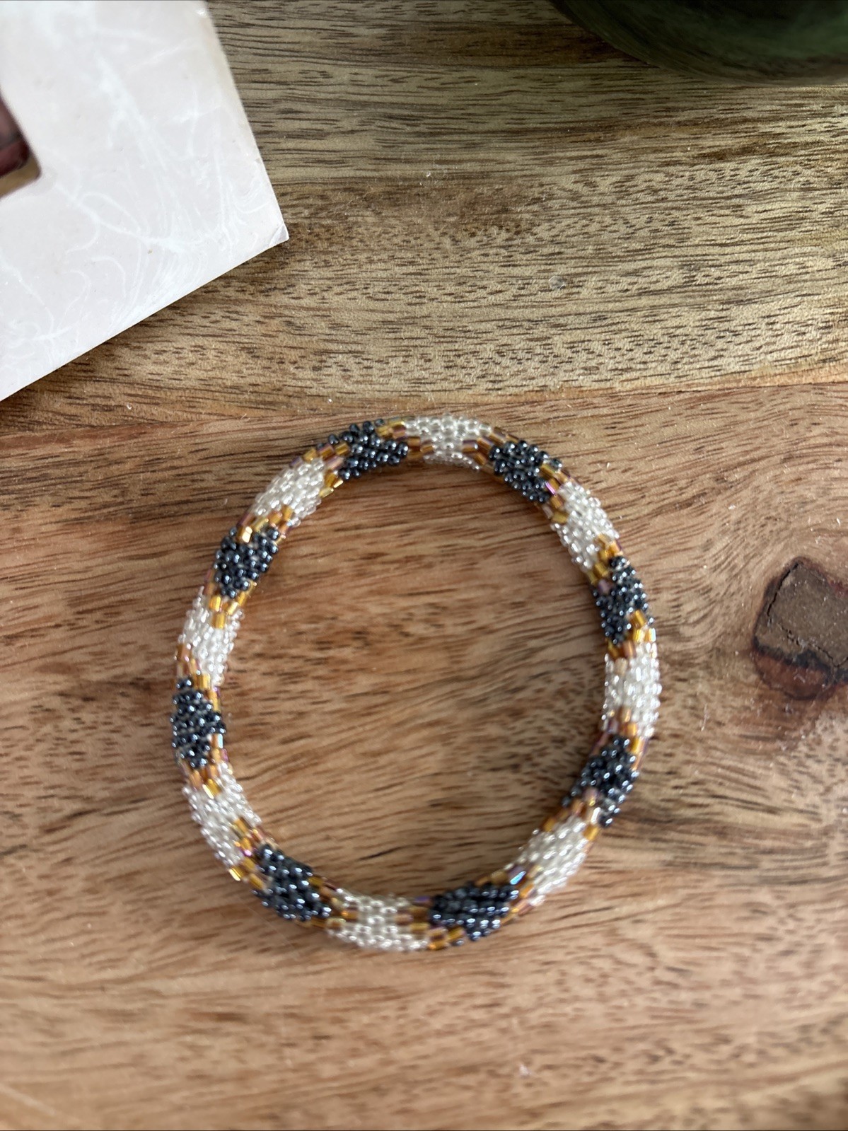 Nepal Beaded Bracelet Roll On Gold Dark Gray Clear Beads Hand Made Small Medium