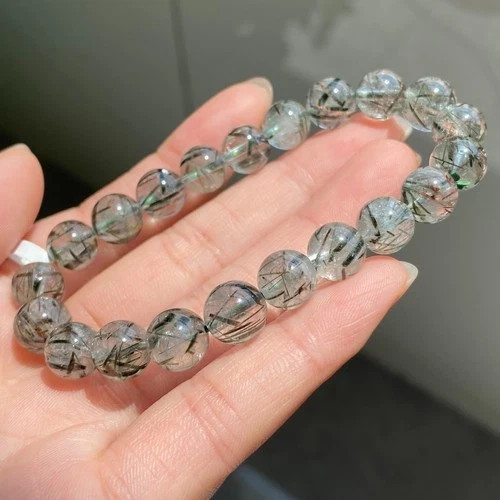 9mm Natural Green Tourmaline Rutilated Quartz Crystal Beads Bracelet 016