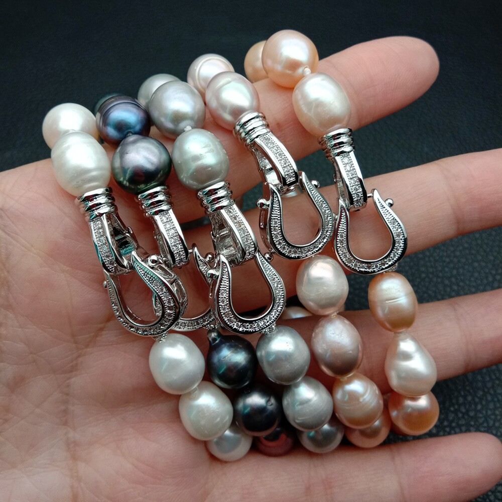 8′ 10x12mm White Black Gray Pink Purple Rice Pearl Bracelet free shipping