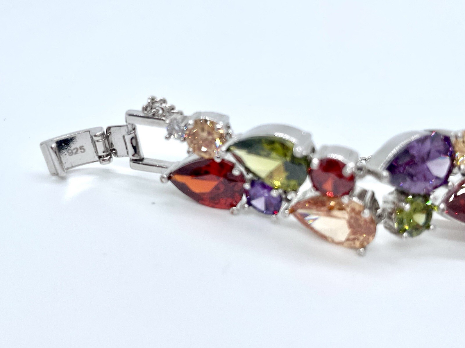 2 Layer Multi Color Sparkling Gemstone Bracelet 925 Bracelet w/Safety Chain