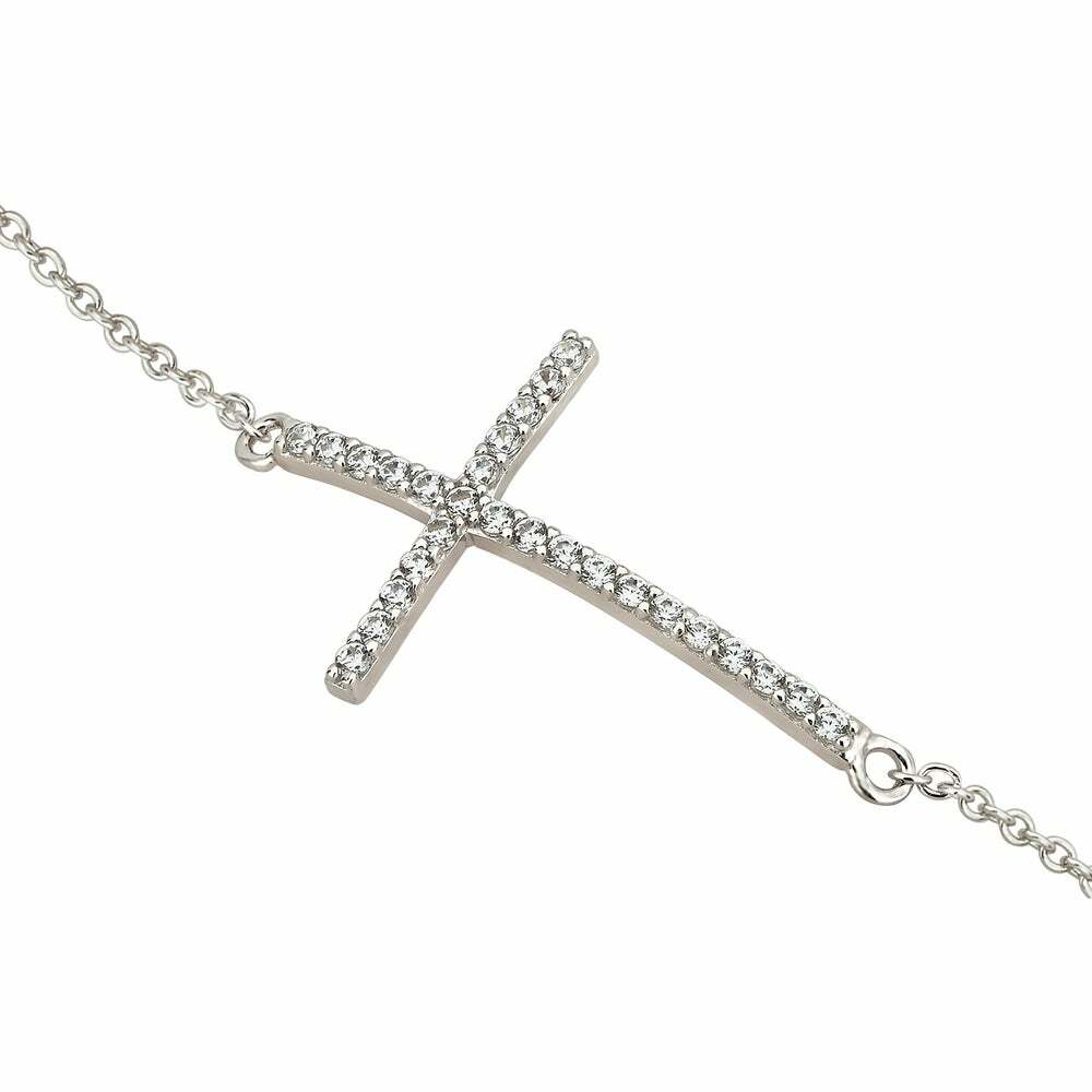 Sterling Silver Cubic Zirconia Adjustable CROSS Link Bracelet Fashion Jewelry