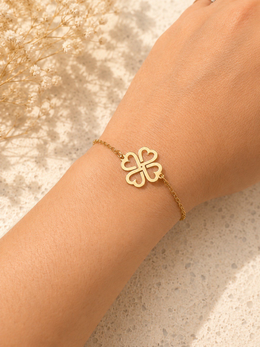 Bracelet Gold Stainless Steel Cable Chain Clover Dangle Charm Adjustable