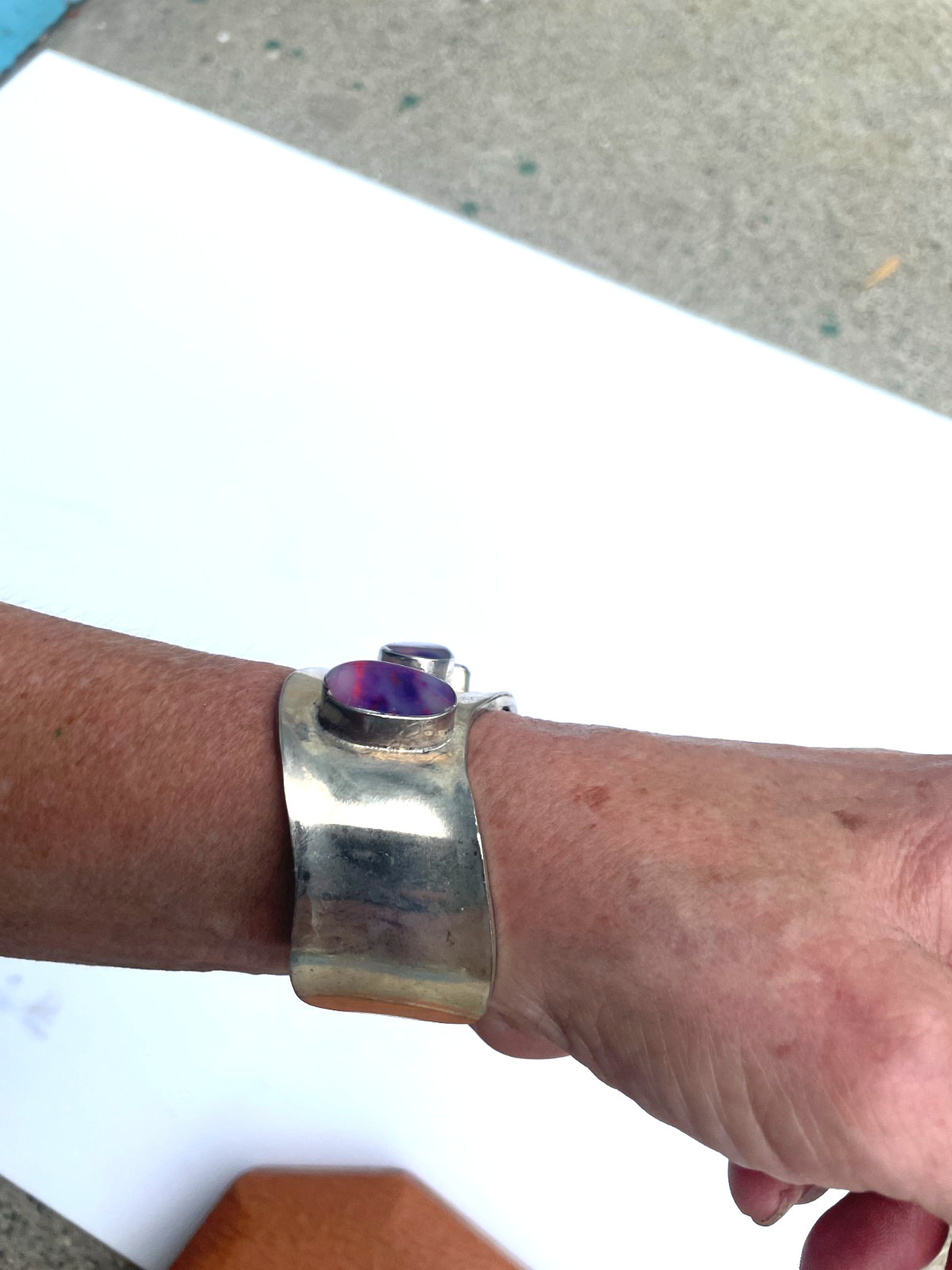 Purple Oval Cabochons Stone Adjustable Silver Tone Metal Cuff Bracelet Mexico