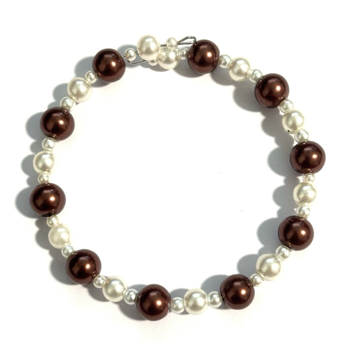 Brown & White Round Imitation Pearl Glass Beaded Bracelet Spring Ring Clasp