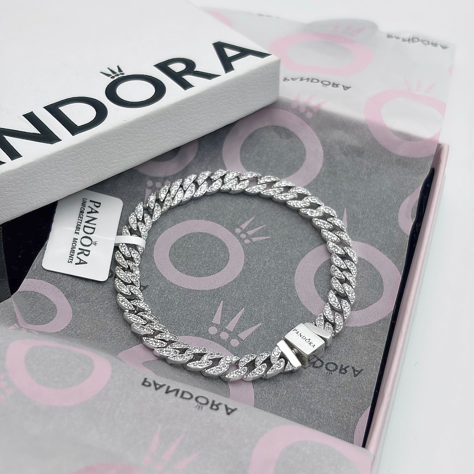 Pandora Timeless New Pavé Cuban Chain Unisex Sterling Silver Bracelet