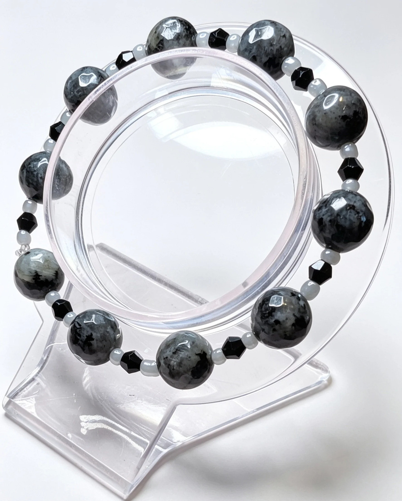 Handmade Beaded BraceletlLarvikitie Stone Black Crystal Grey Glass. Unisex Goth