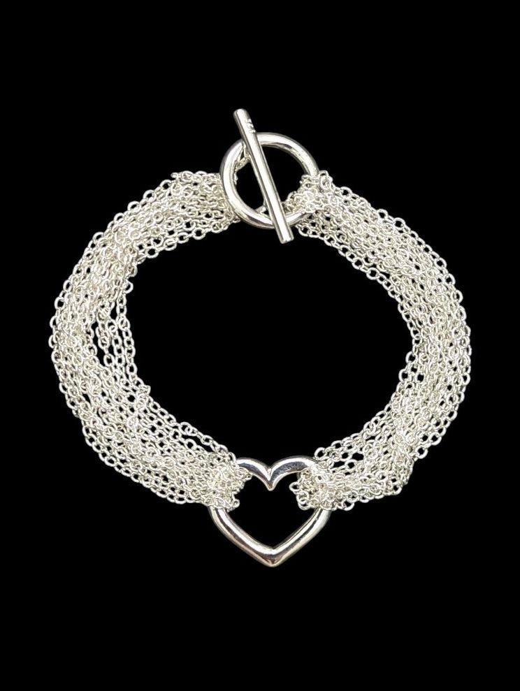 925 Sterling Silver Multi-Chain Heart Toggle Bracelet Luxury Elegant