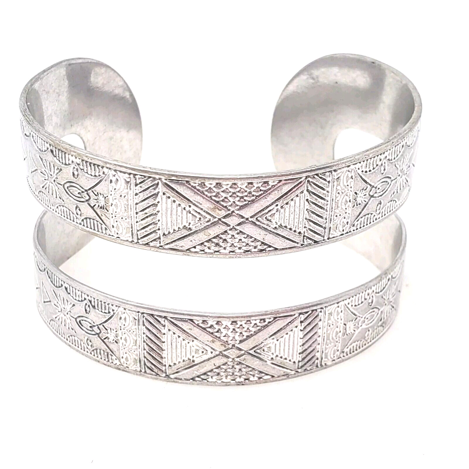 Vintage Signed Lucky Brand Geometric Pattern Open Work Cuff Bracelet Silver Tone