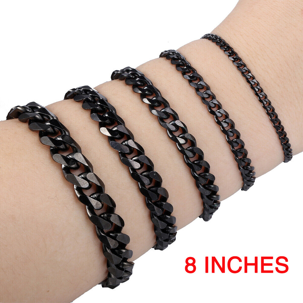 8 in Black Tone Stainless Steel Curb Cuban Link Bracelet Men Women Chain 3-11MM