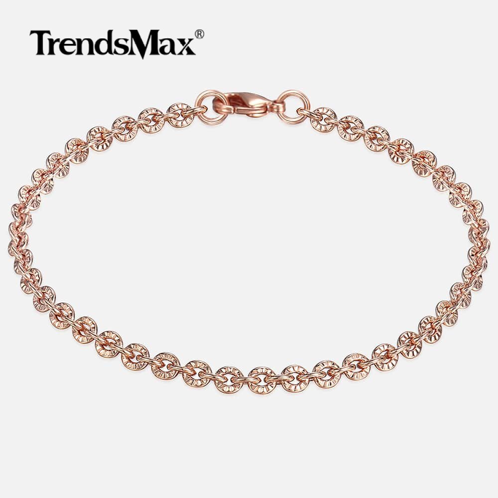 3mm 7″ Rose Gold Filled CUT Rolo Round Link Bracelet Womens Ladies Girls Chain