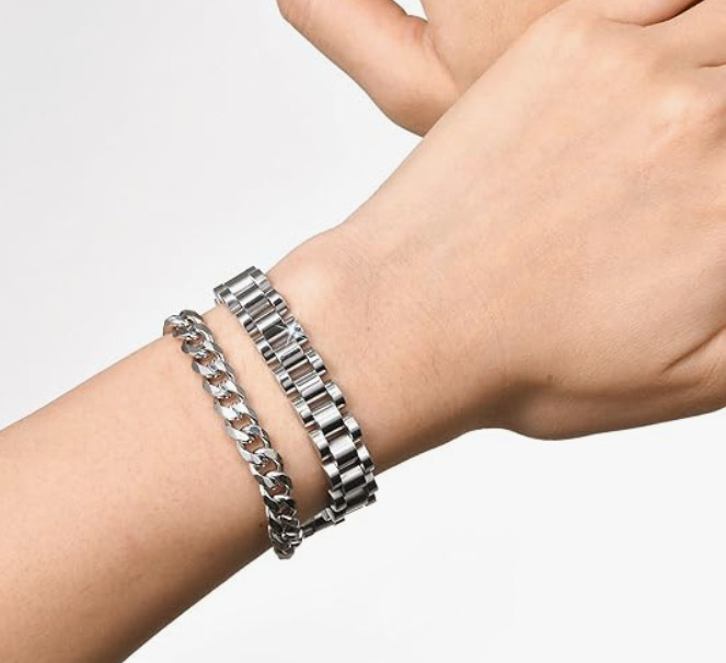 VNOX 2 Pcs Stainless Steel Cuban Link Chain Bracelets for Men and Women 6.5”
