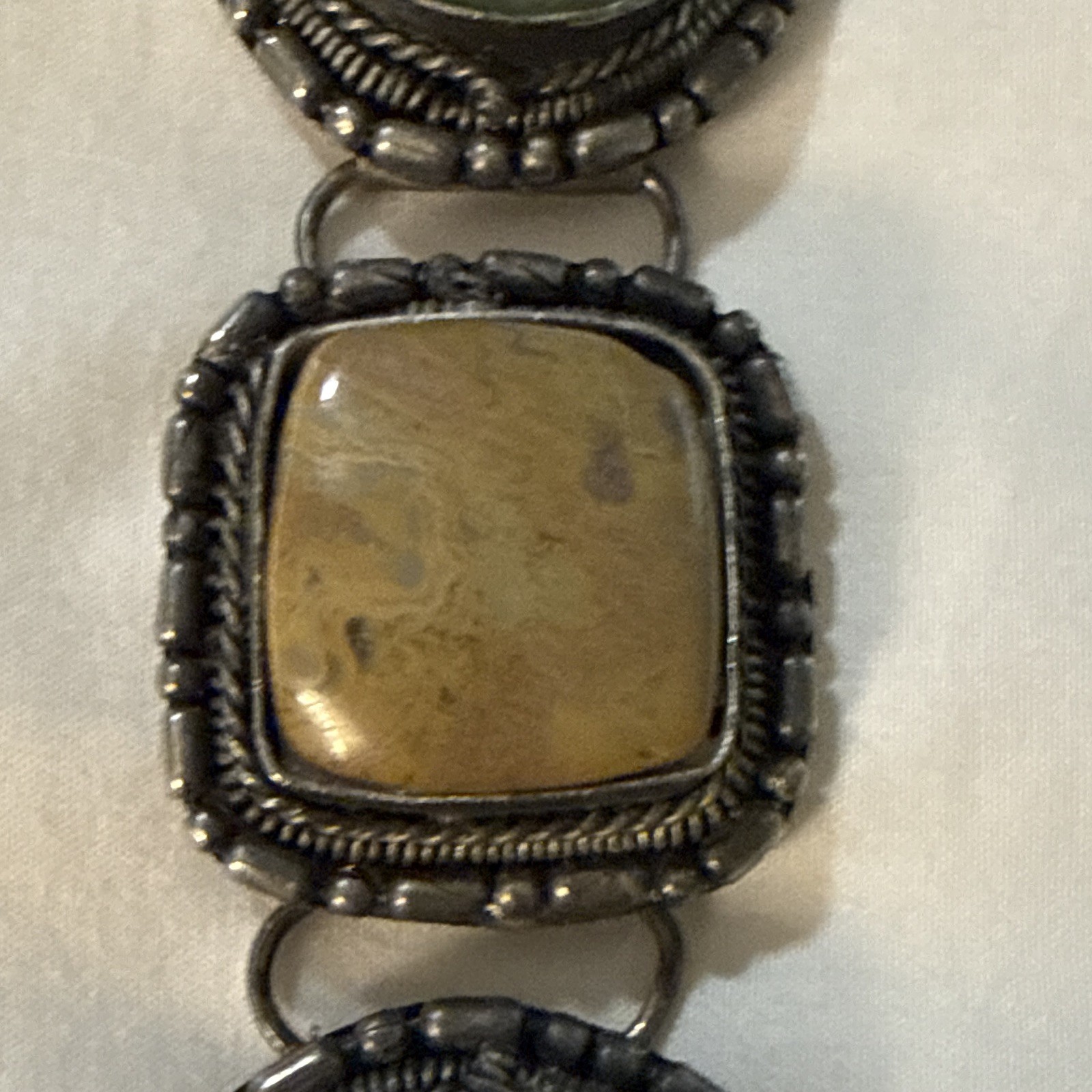 Silver-Tone Metal Link Bracelet, Multicolor Oval Cabochon Bezel Set, Lobster