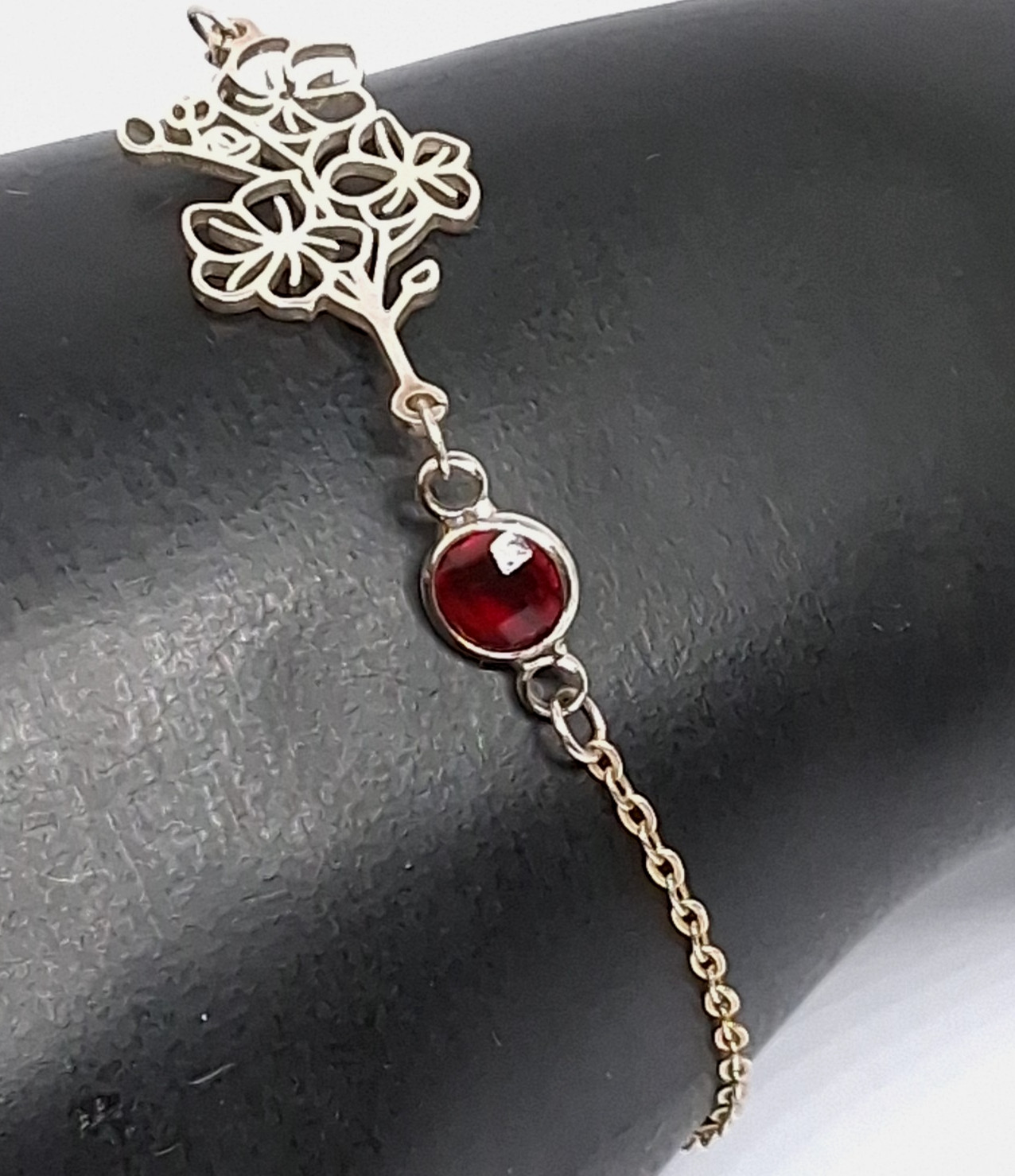 925 Italy Sterling Silver Floral Charm with Red Rhinestone Bracelet- Size-6 Inch