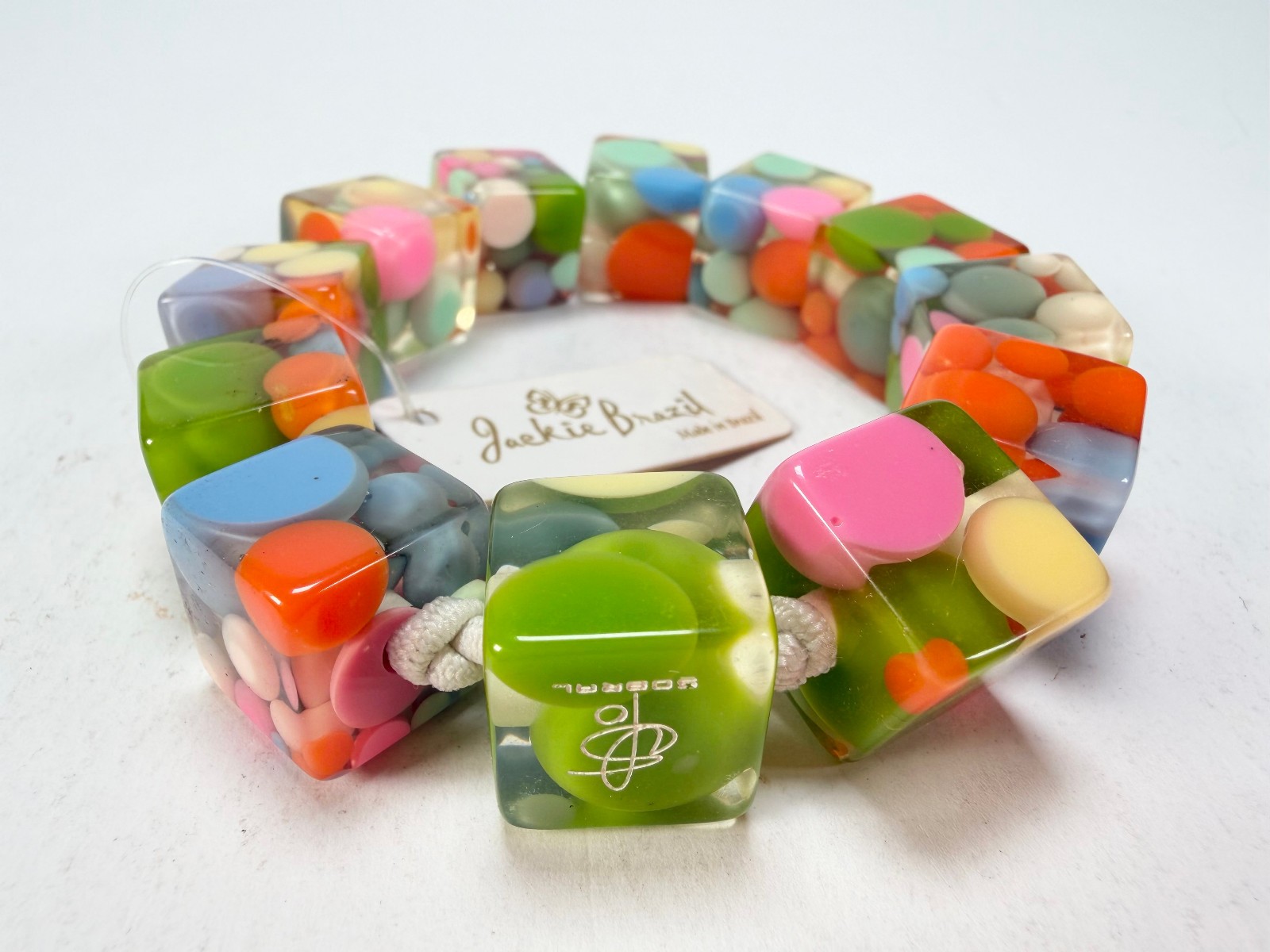 Jackie Brazil “Spots” Spotted Cubes On Elastic Resin Bracelet ( B1284 )