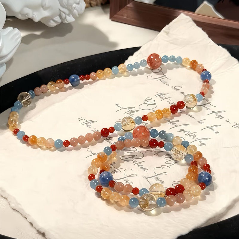 Niche Dunhuang Style Contrast Double Circle Yellow Pagoda Blue Crystal Bracelet