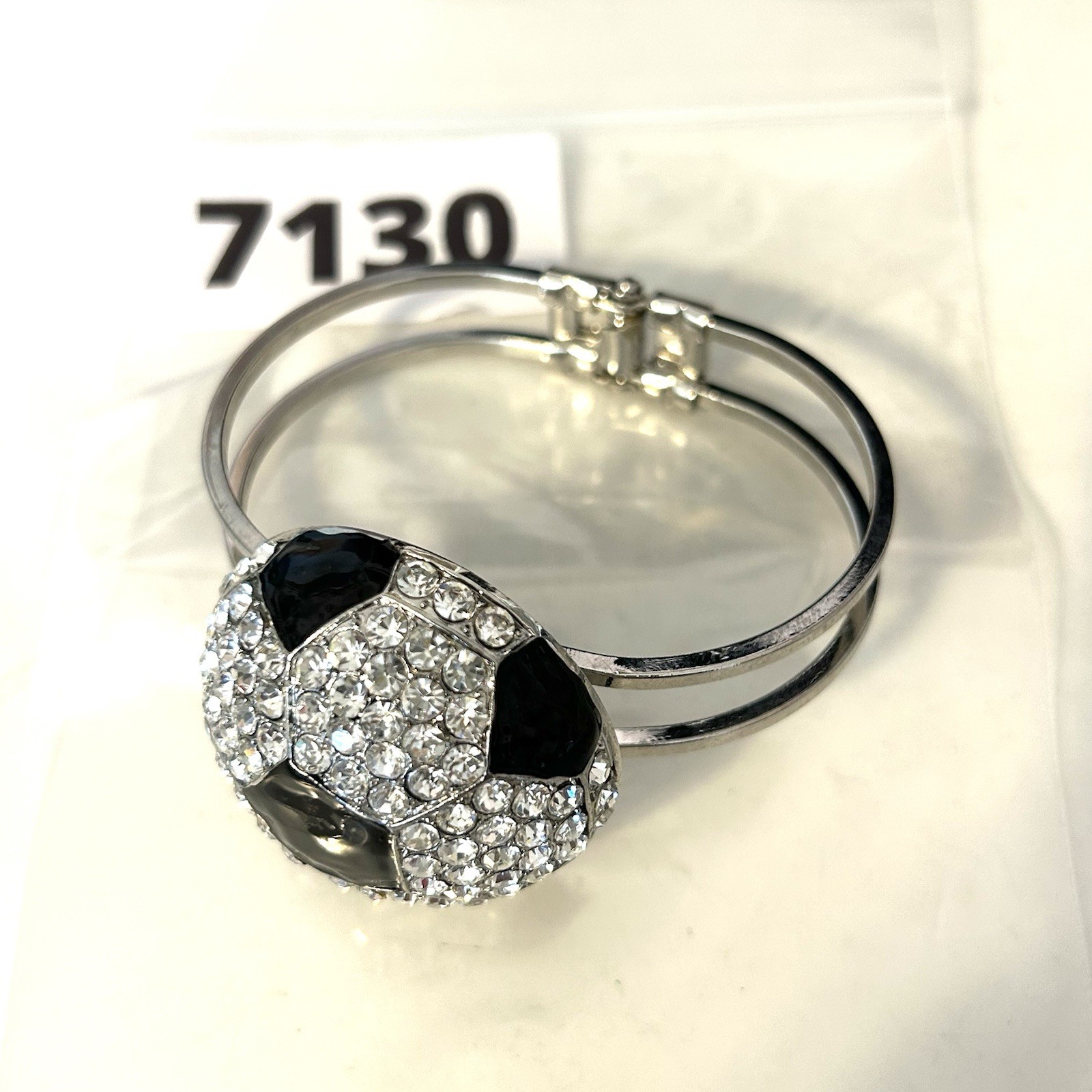 Rhinestone Soccer Ball Bracelet Hinged Cuff Silver Tone Sports Mom Bling