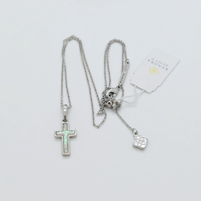 New Kendra Scott Cross Silver Pendant Necklace in White Opal