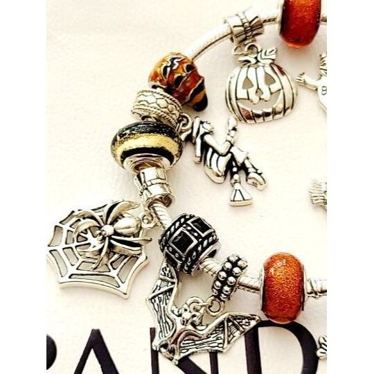 PANDORA GOTHIC HALLOWEEN Charm Bracelet .925 Sterling Silver Bat Skull Witch Te