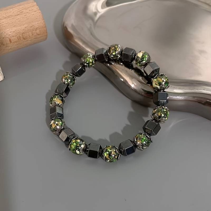 Men’s Hematite Iridescent Green Stone Stretch Bracelet Healing Grounding Jewelry