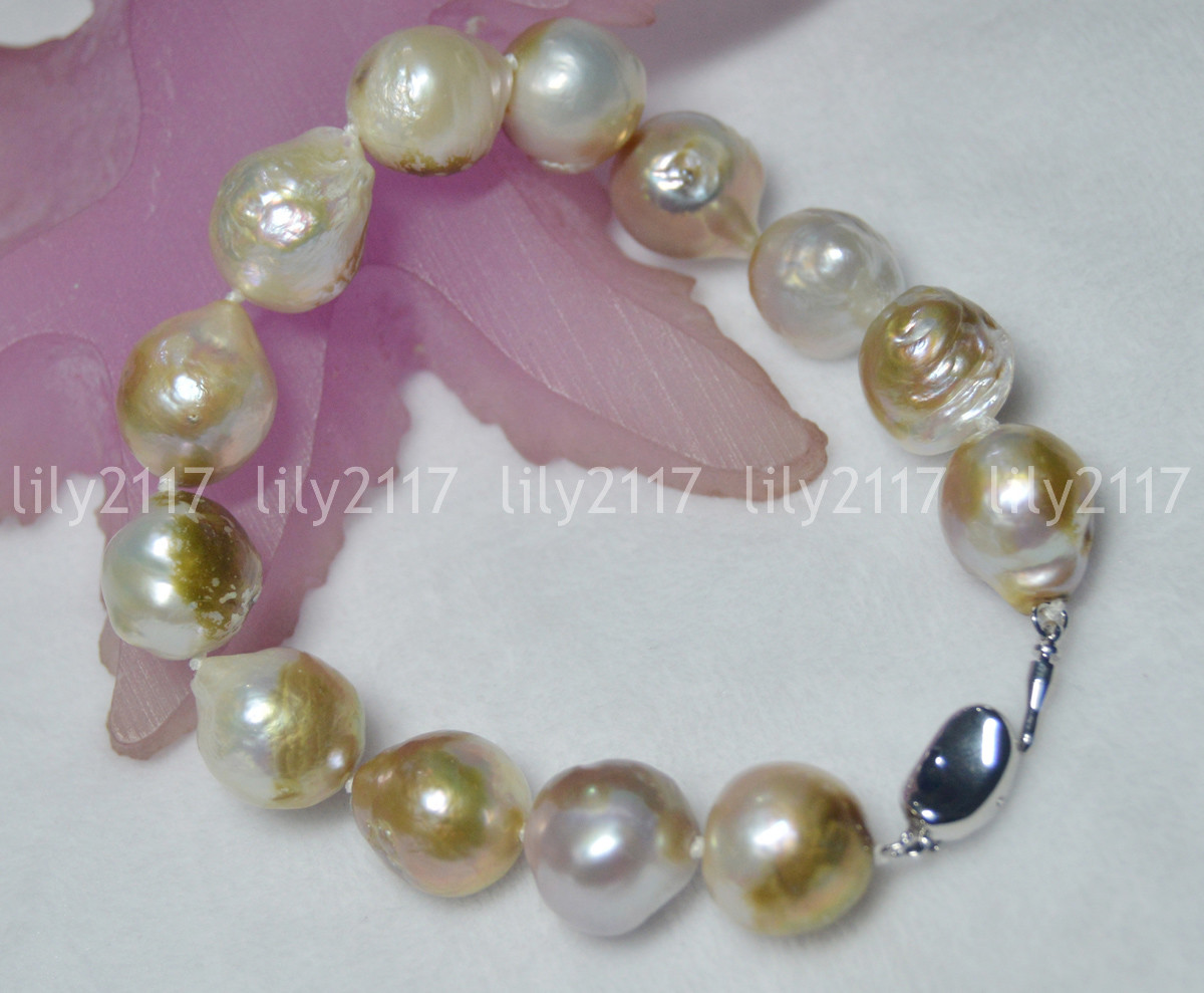 HUGE 14-16MM SOUTH SEA GENUINE NATURAL COLOURFUL BAROQUE PEARL BRACELETS 7-7.5”