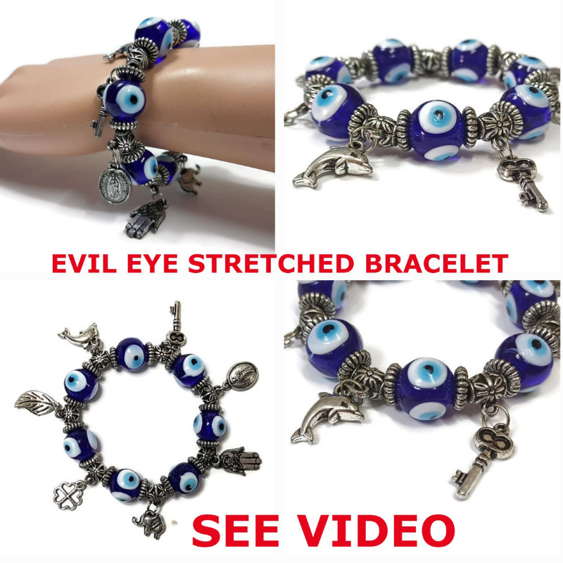 🚨1 Turkish Bracelet Bangle Silver Hamsa Blue Evil Eye Good Luck Beads SEE VIDEO