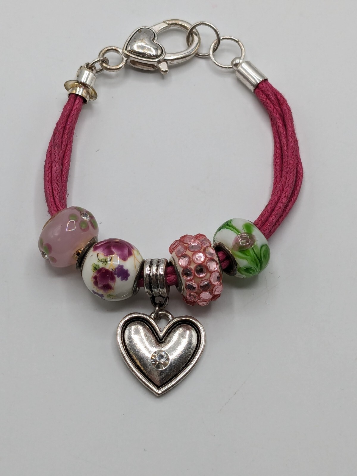 Pink Leather Hear Charm Bracelet Enameled Beads