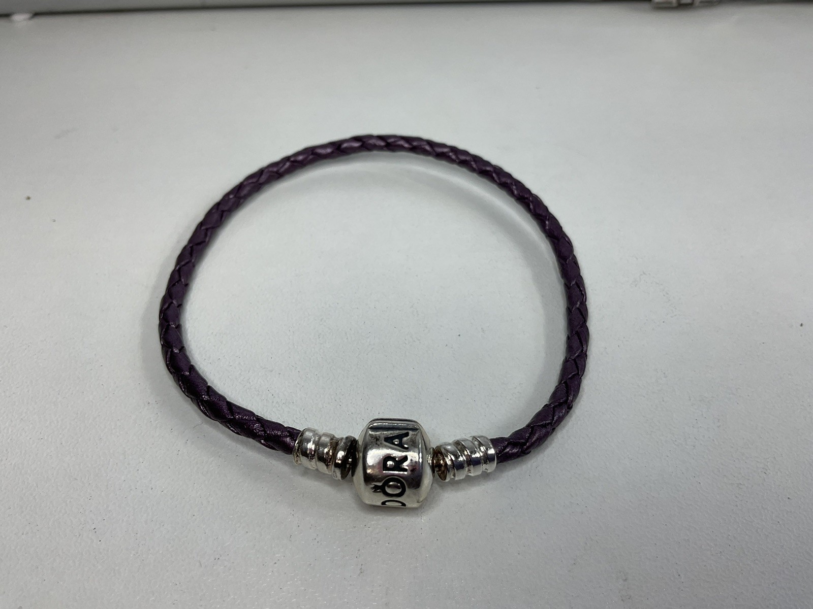 Pandora Purple Braided Leather Bracelet Barrel Clasp 7.5”