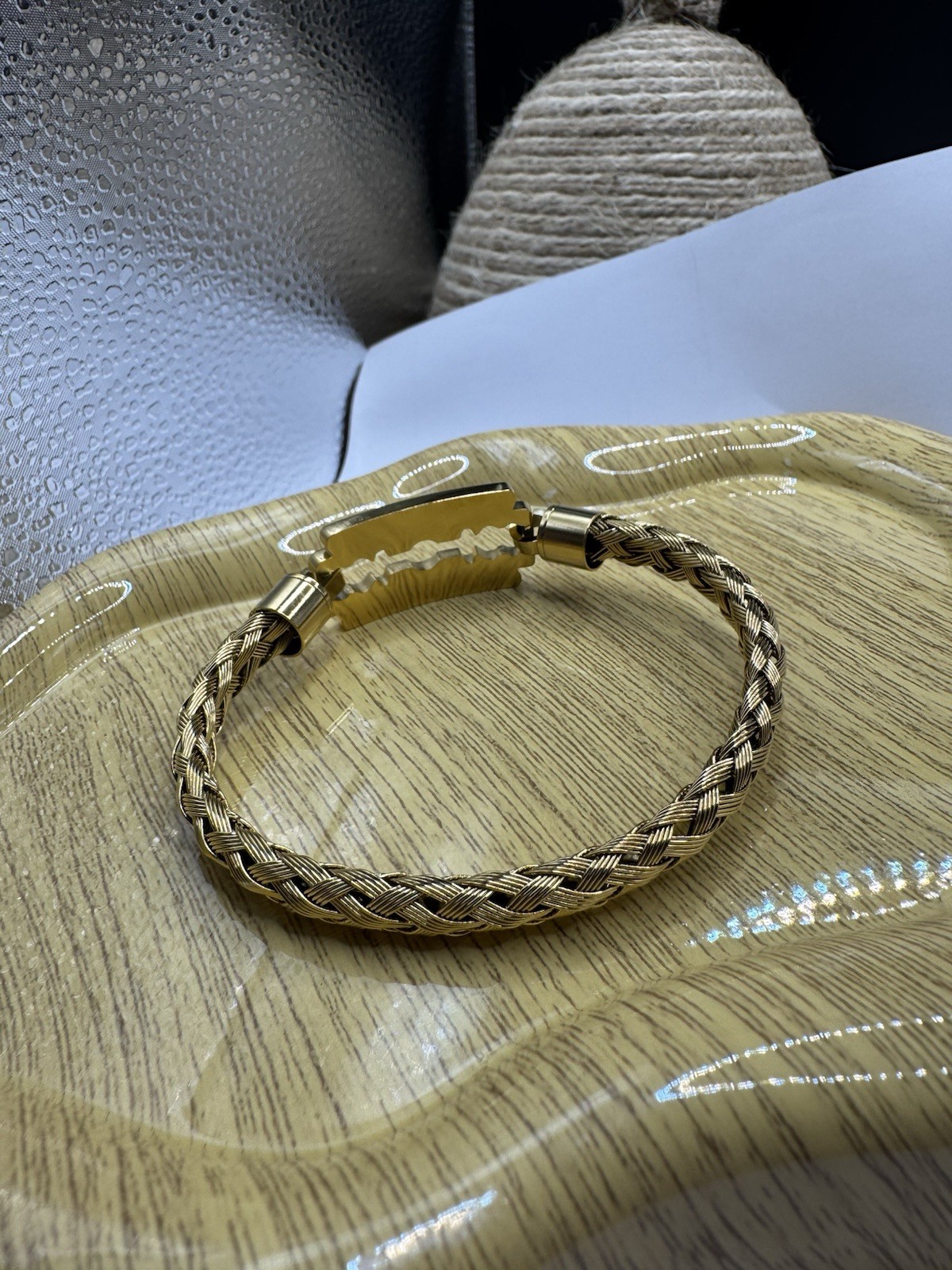 Gold Tone Stainless Steel Razor Blade Style Braided Cable Bracelet Unisex