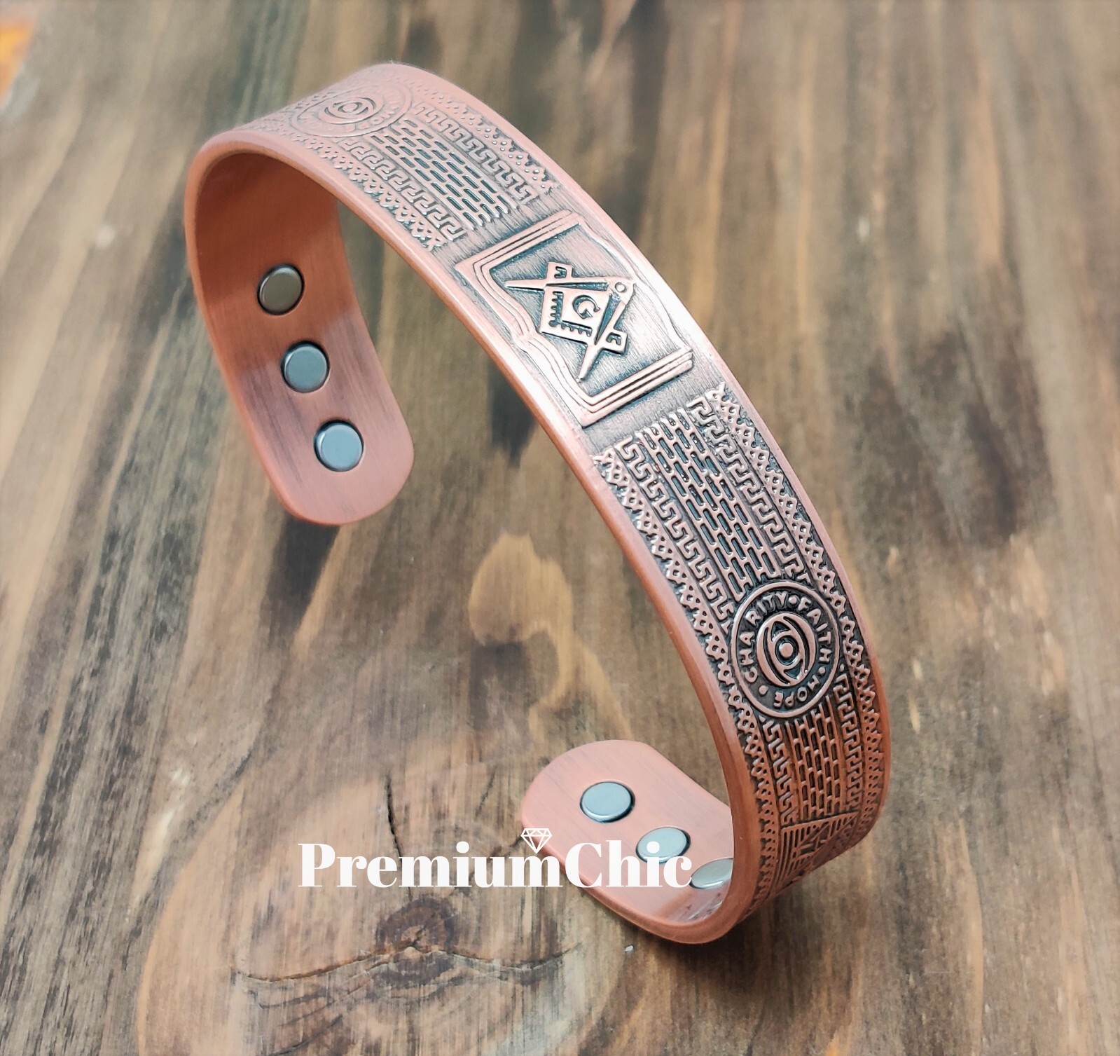 SOLID COPPER Magnetic Bracelet Arthritis Pain Therapy Energy Cuff Masonic Theme