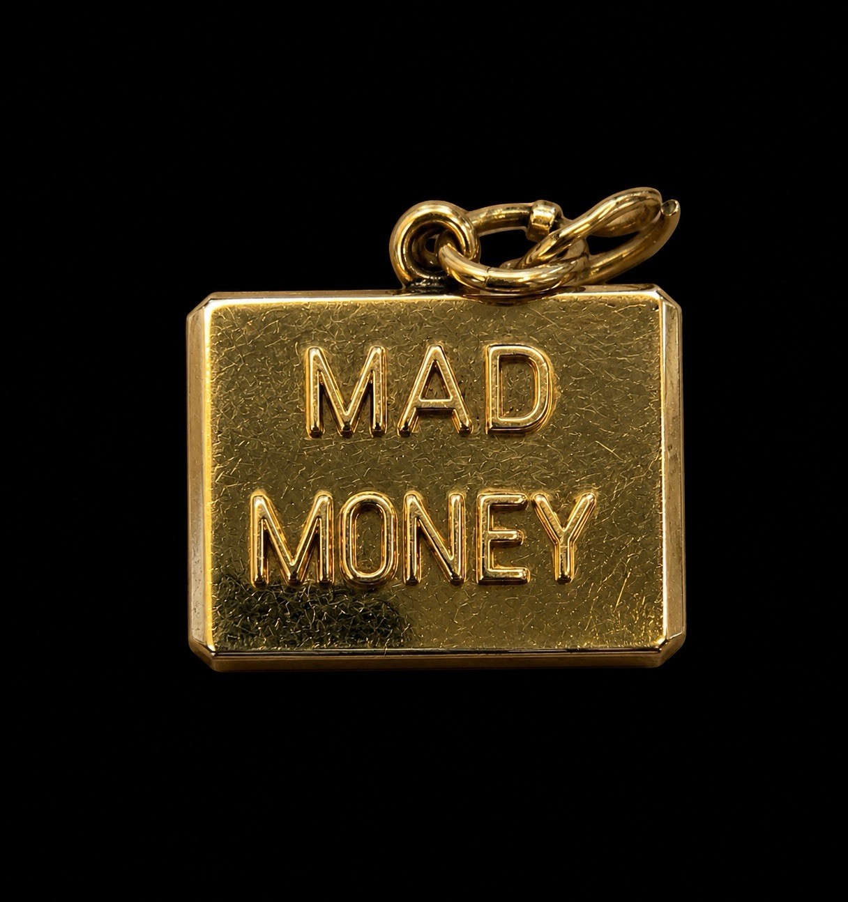 14k Yellow Gold Rectangular Dangle Charm “Mad Money” Dollar Sign Signed No Stone