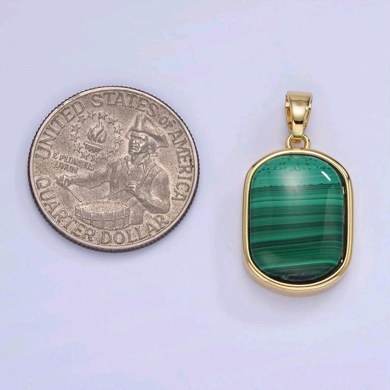 14k Gold Filled Green Malachite Oval Tag Bezel Charm 29mm Natural Gemstone Penda
