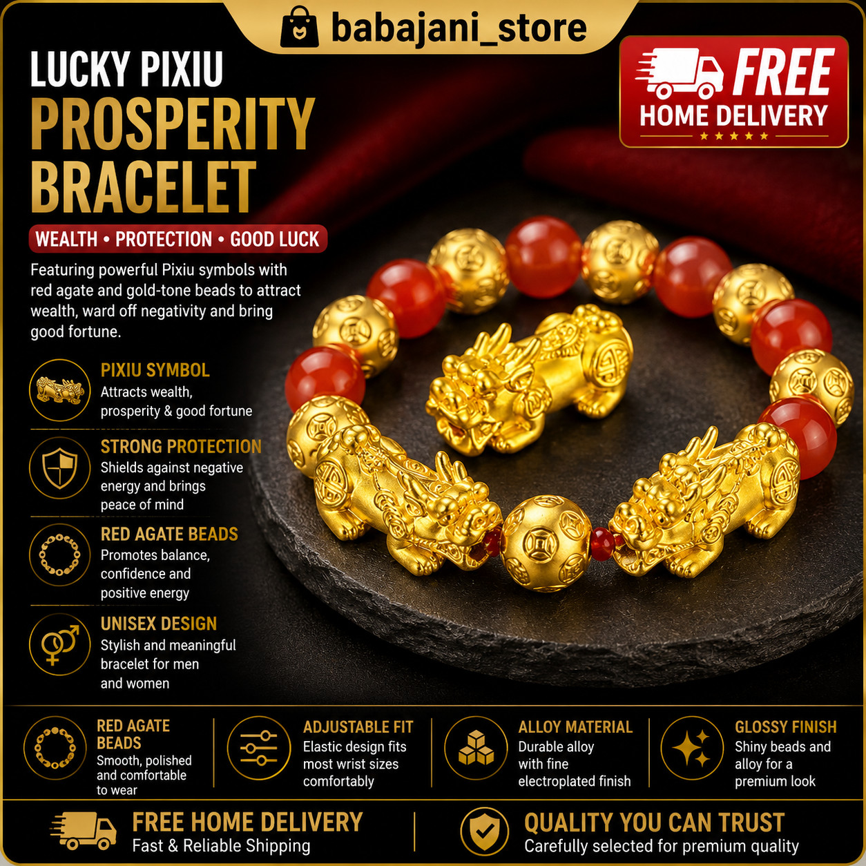 Feng Shui Black Obsidian Beads Bracelet Attract Wealth & Good Luck Bangle pixiu