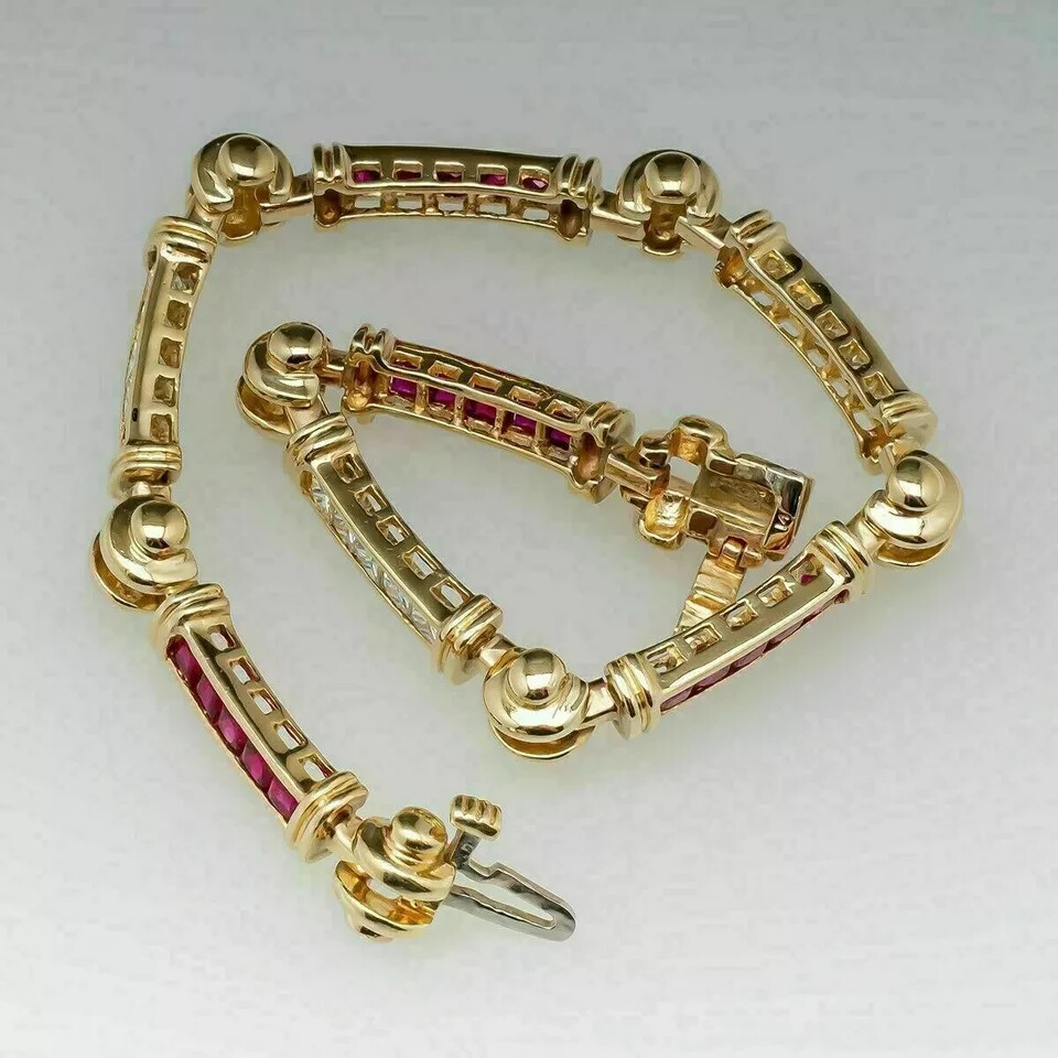 8.23 Ct Princess Simulated Ruby 14K Yellow Gold Plated Fancy Tennis Bracelet