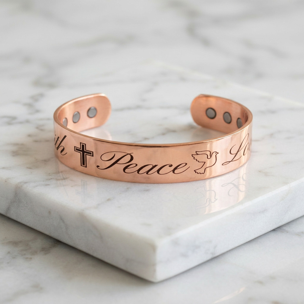 Faith Peace Love Solid Pure Copper Magnetic Bracelet Arthritis Pain Therapy Cuff
