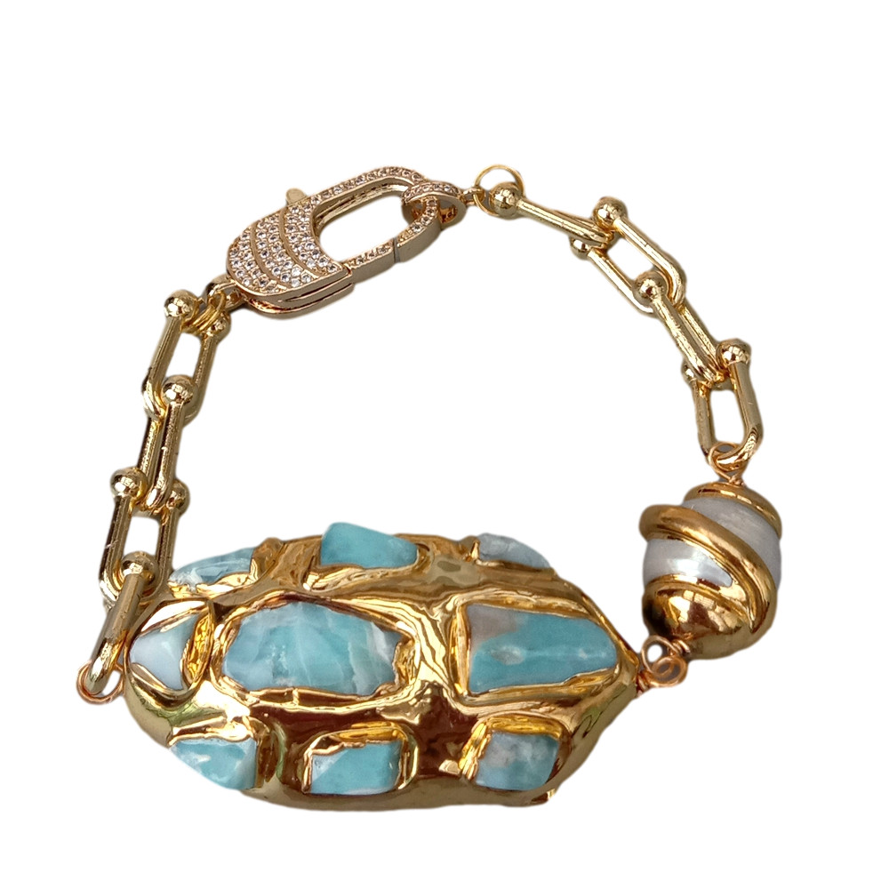 8″ Cultured White Keshi Pearl Blue Larimar Gold Plated Chain Bracelet