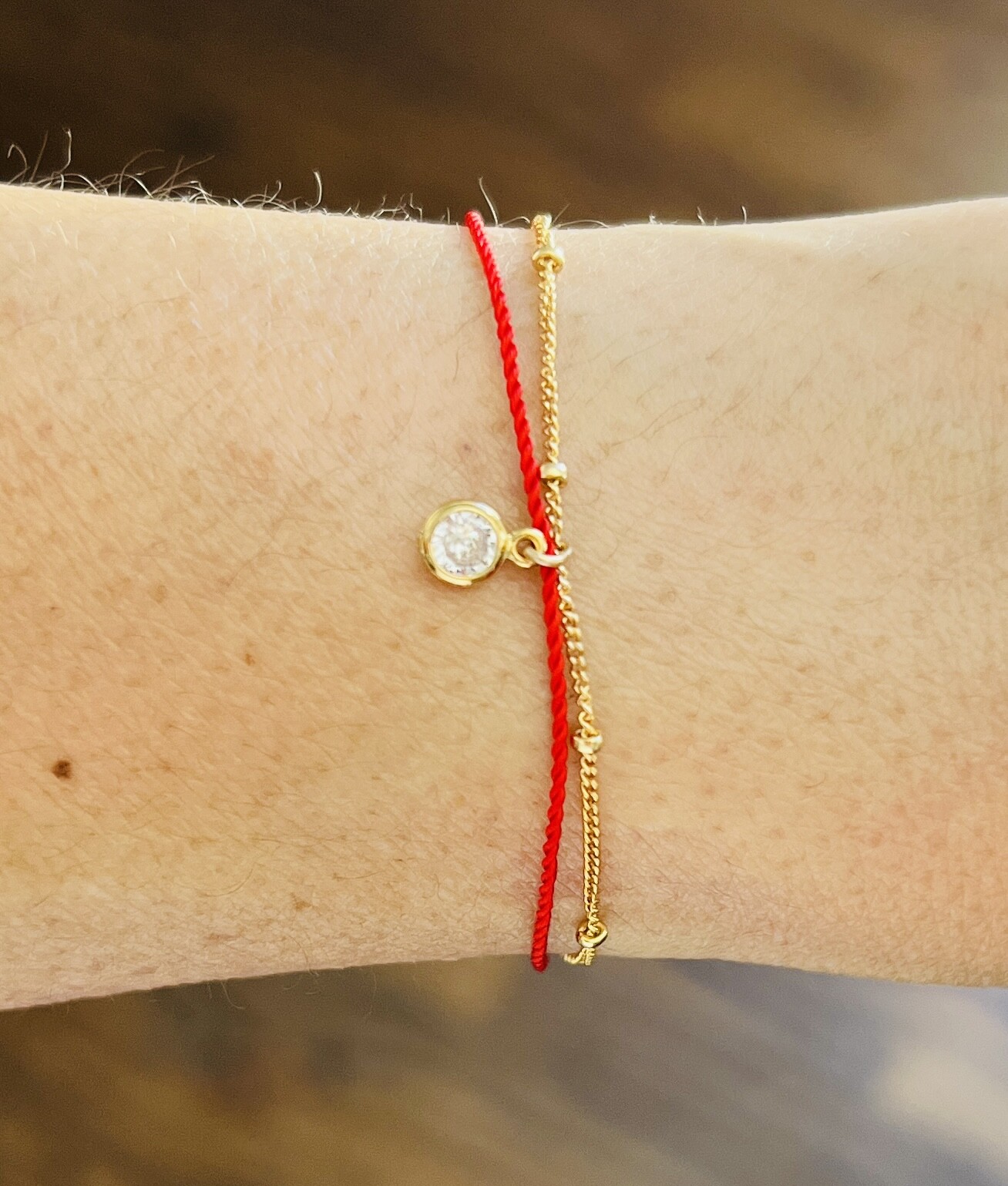 Red String and Satellite Chain with Crystal Layering Bracelet Gold Fill Silver