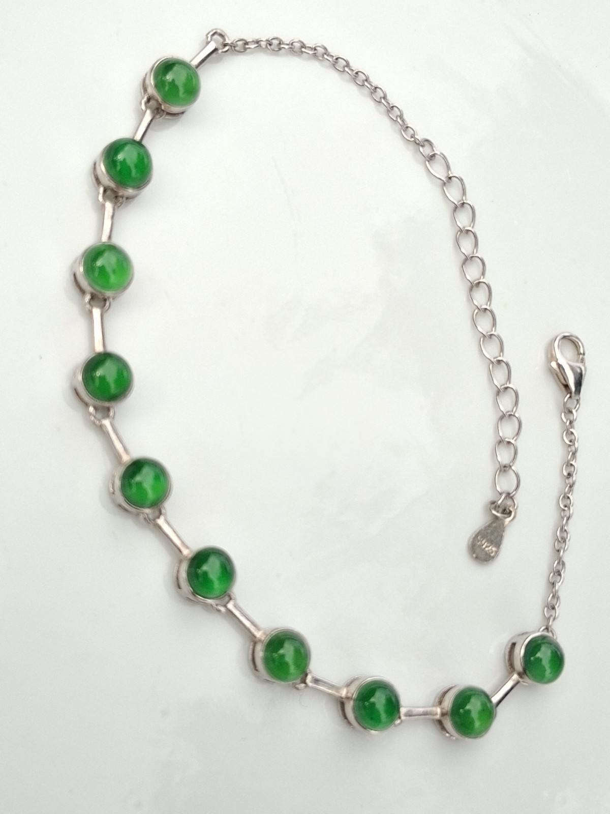 Sterling Silver 925 Green Round Bezel Station Cable Link Bracelet Lobster Adj