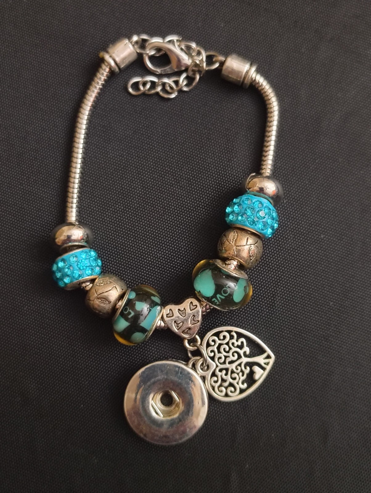 Silver Tone Snake Chain Charm Bracelet Blue Beads Heart Dangle Tree of Life