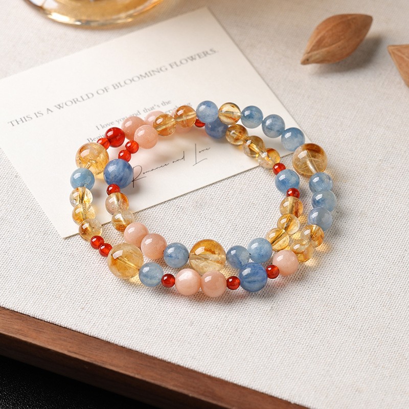 Niche Dunhuang Style Contrast Double Circle Yellow Pagoda Blue Crystal Bracelet