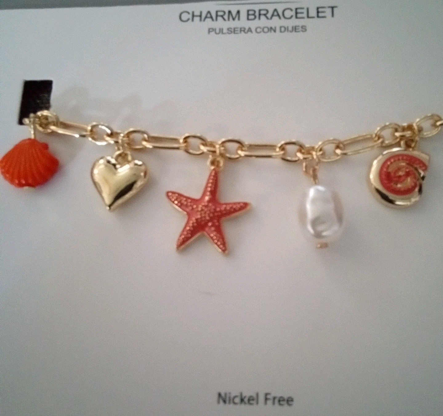 Nickel Free Charm Bracelet Shell Starfish Heart Shapes Pearl Gold Tone 7.7″