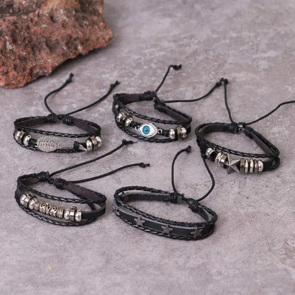 NEW Evil Eye Themed PU Leather Stack Fashion Bracelet Set – Pack of 5 Bracelets