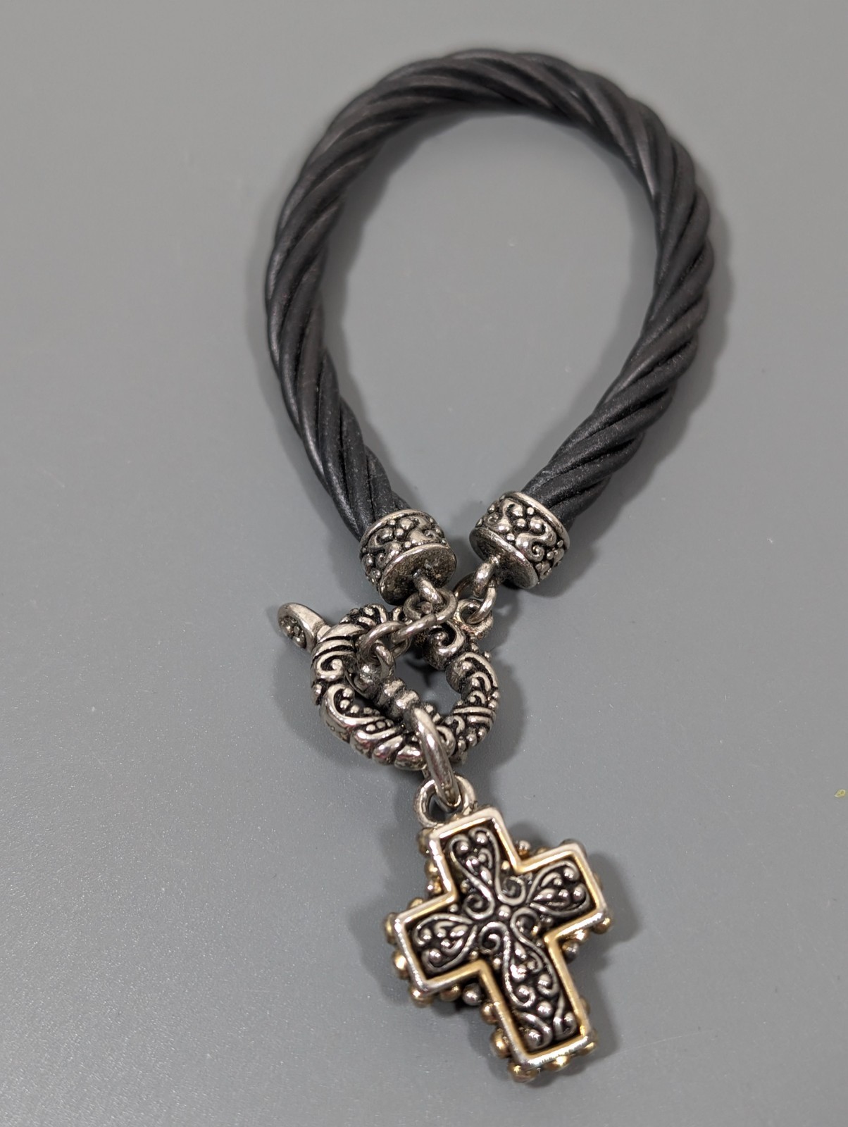 Black Multi Cord Two Tone Bali Style Cross Charm Toggle Bracelet 6.5 inch