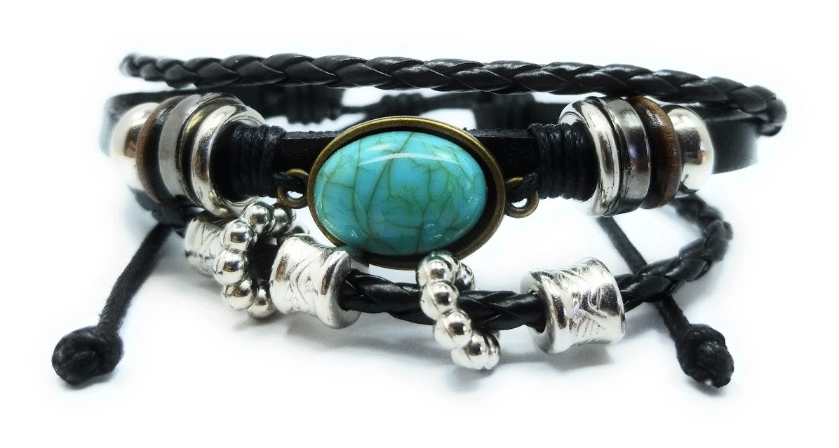 TB Stone Imitation Turquoise Pendant Faux Leather Metal Beads Fashion Bracelets