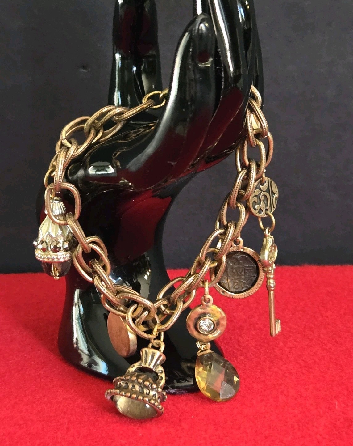 Chico’s Charm Bracelet Antique Gold Tone Key Coin Crystal Magnetic Clasp